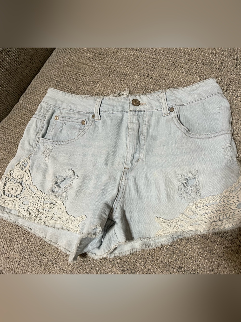 Altar’d State Light Wash Denim Crochet Trim Shorts